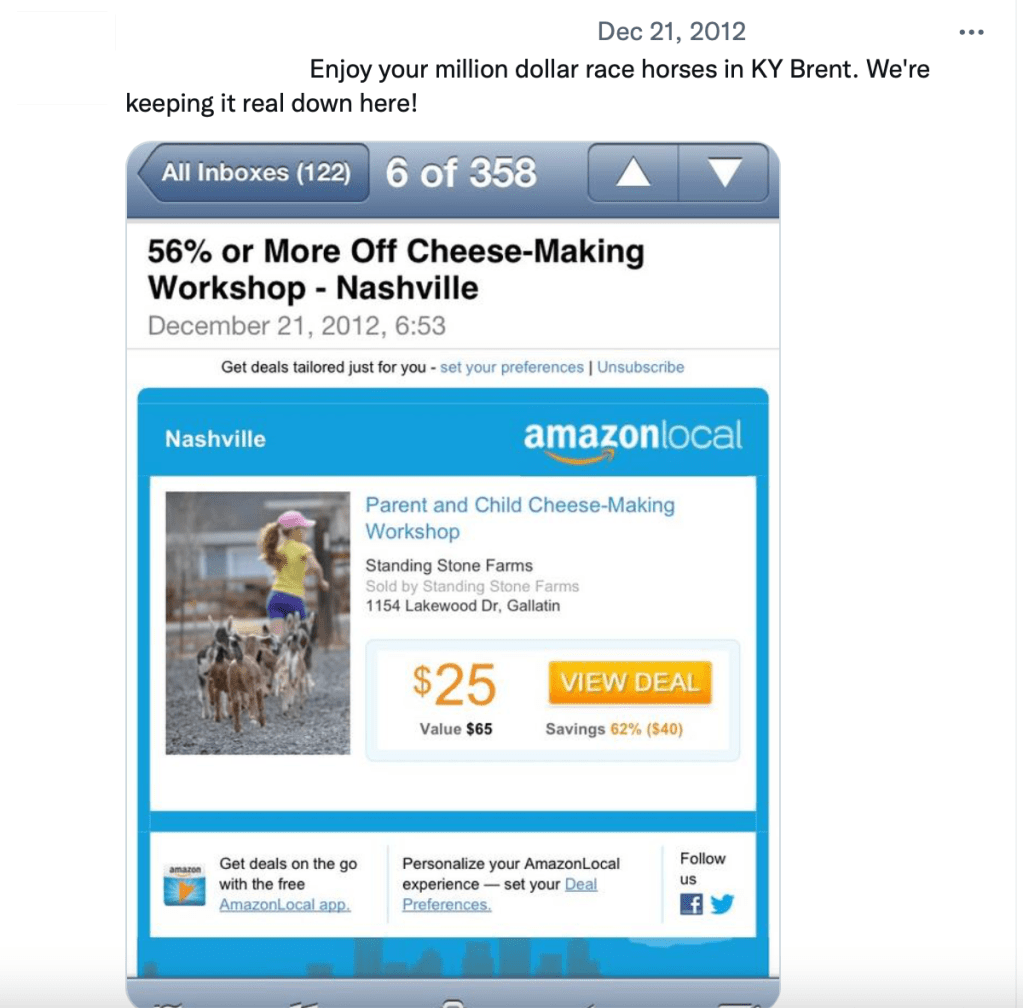 "Enjoy your million dollar race horses in KY. We're keeping it real down here!" (Ad for Parent & Child cheesemaking class at a goat farm near Nashville)